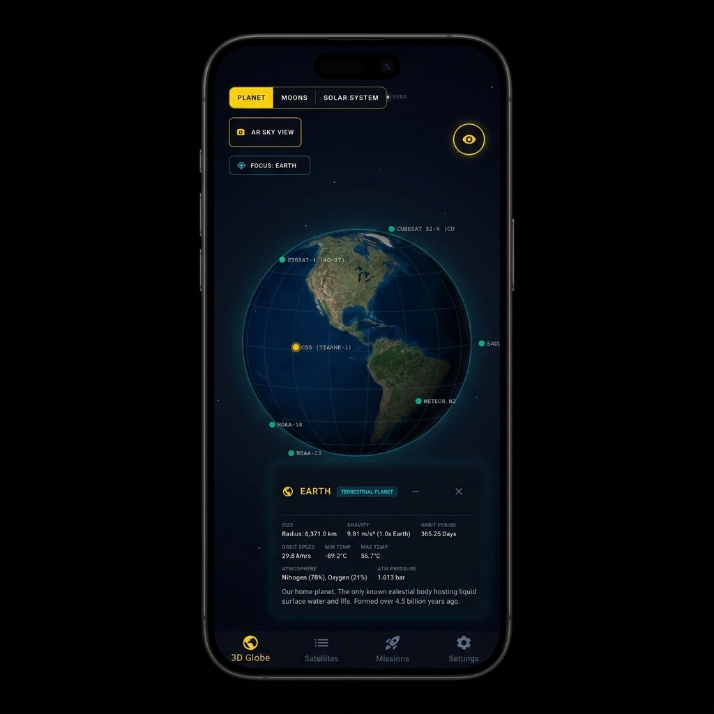 SkyLive app showing 3D Earth globe with orbital paths and satellite telemetry panels